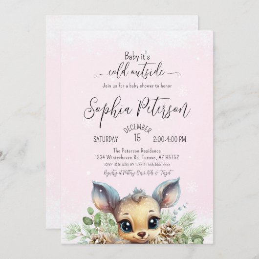 冬の雪の寒さピンクの赤ちゃんシャワーディアー 招待状 (正面/裏面)