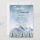 冬の雪の山の森のカップルのシャワー 招待状 (正面)