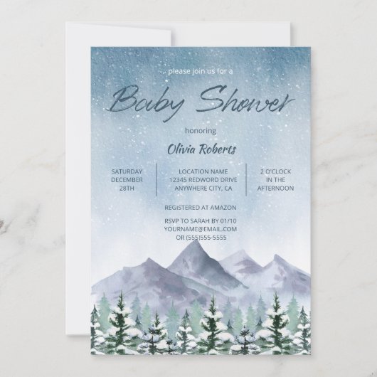 冬の雪の山の森の赤ちゃんシャワー 招待状 (正面)