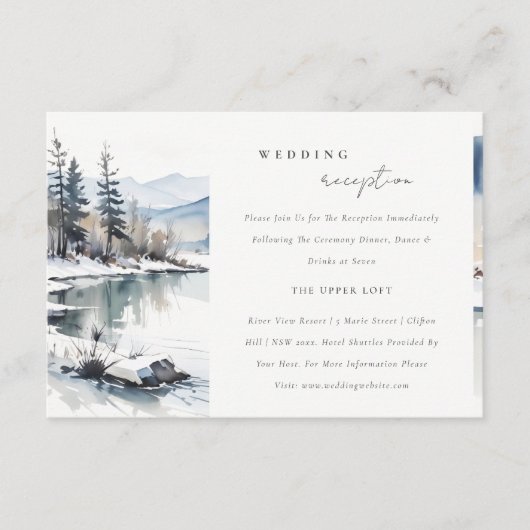 冬の雪の山の湖のウェディングレセプション エンクロージャーカード (正面)