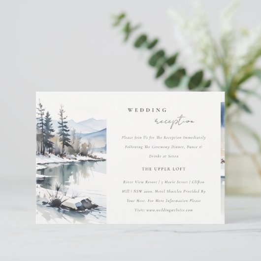 冬の雪の山の湖のウェディングレセプション エンクロージャーカード (スタンド正面)