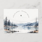 冬の雪の山の湖のウェディングレセプション エンクロージャーカード (裏面)