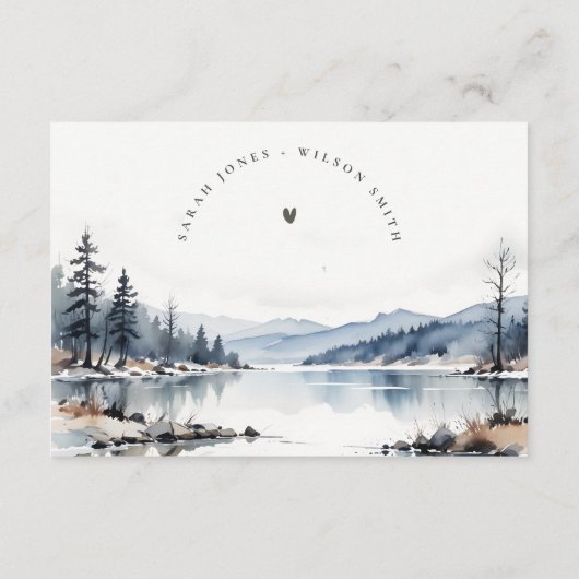 冬の雪の山の湖のウェディングレセプション エンクロージャーカード (裏面)