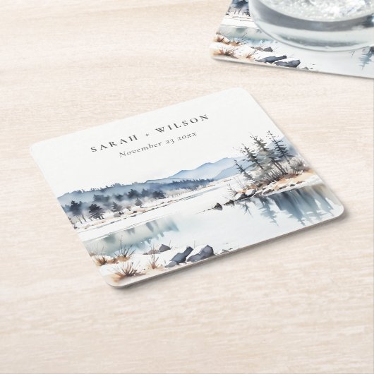冬の雪の山の湖の風景結婚ズ スクエアペーパーコースター (アングル)