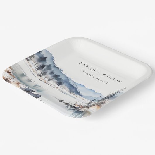 冬の雪の山の湖の風景結婚ズ ペーパープレート (傾斜あり)