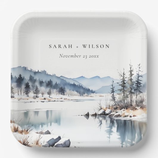 冬の雪の山の湖の風景結婚ズ ペーパープレート (正面)