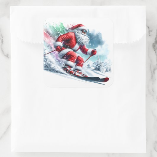 冬の雪の山をスキーで滑るサンタ スクエアシール (バッグ)