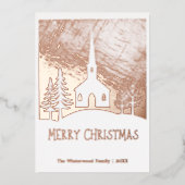 冬の雪の教会 パーソナライズド メリークリスマス 箔シーズンカード (正面)