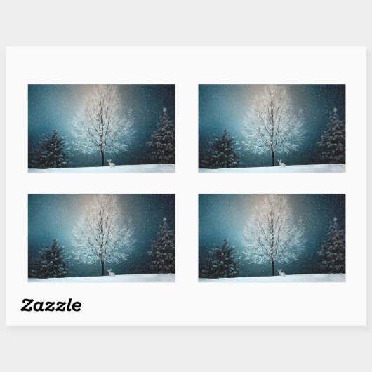 冬の雪の木とバニーホリデーシール 長方形シール (シート)