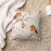 冬の雪の木と果実の水色フィンチ クッション (ブランケット)