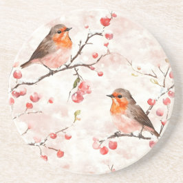 冬の雪の木と果実の水色フィンチ コースター