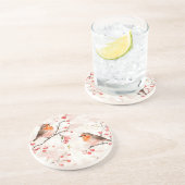 冬の雪の木と果実の水色フィンチ コースター (側面)