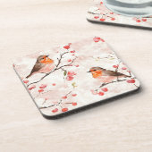 冬の雪の木と果実の水色フィンチ コースター (左側)