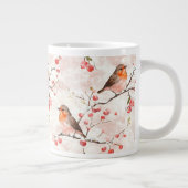 冬の雪の木と果実の水色フィンチ ジャンボコーヒーマグカップ (右)