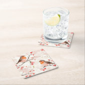 冬の雪の木と果実の水色フィンチ スクエアペーパーコースター (インサイチュ)