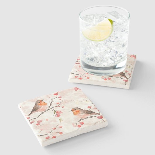 冬の雪の木と果実の水色フィンチ ストーンコースター (横)