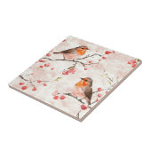 冬の雪の木と果実の水色フィンチ タイル (側面)