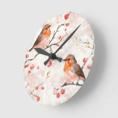 冬の雪の木と果実の水色フィンチ ラウンド壁時計 (傾斜)