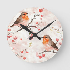 冬の雪の木と果実の水色フィンチ ラウンド壁時計