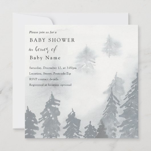 冬の雪の木の赤ちゃんシャワーの招待 招待状 (正面)
