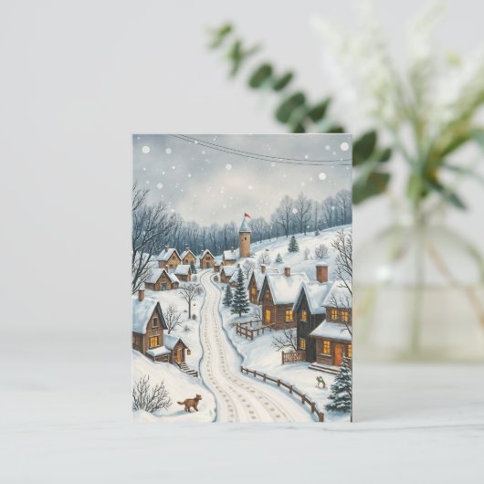 冬の雪の村のシーンセレネ平和的な町 ポストカード (スタンド正面)