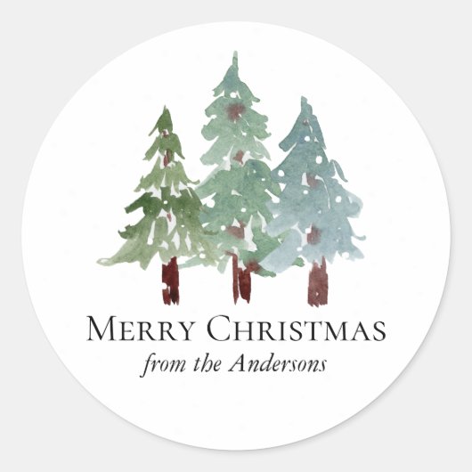 冬の雪の松のクリスマス ラウンドシール (正面)