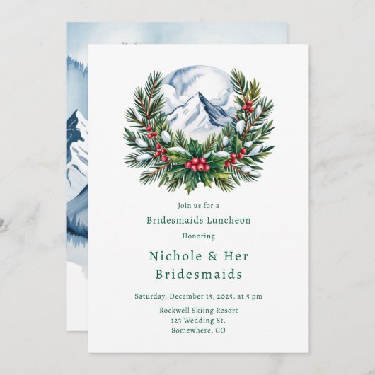 冬の雪の松のリースブリデスメイドランチョン 招待状 (正面/裏面)