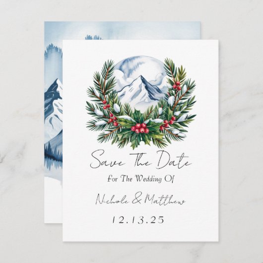 冬の雪の松のリース日付カードを保存 (正面/裏面)