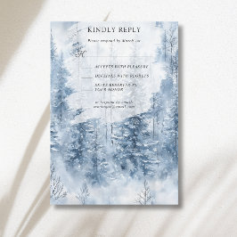 冬の雪の松の木の森の山の結婚式 出欠カード