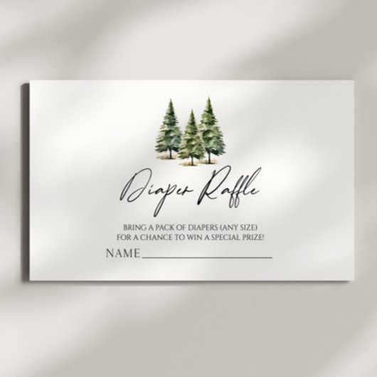 冬の雪の松の木の赤ちゃんシャワーおむつラッフル エンクロージャーカード