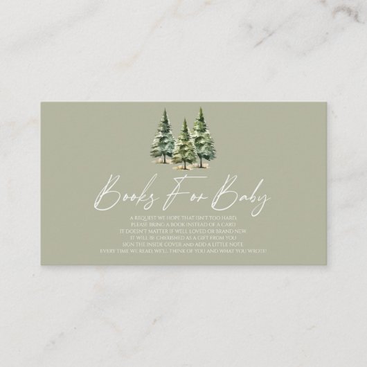 冬の雪の松の木の赤ちゃんシャワー本ベビー エンクロージャーカード (正面)