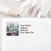 冬の雪の松、ピンクの日の出の風景。 ラベル (インサイチュ)