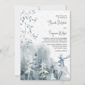 冬の雪の森と鹿の塵の結婚青 招待状 (正面)