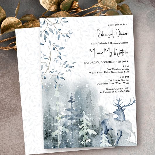 冬の雪の森と鹿の結婚式リハーサル 招待状