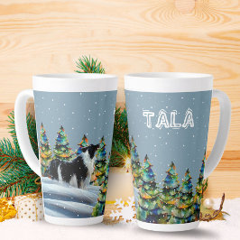 冬の雪の森のクリスマスツリーのボーダーコリー カフェラテマグ