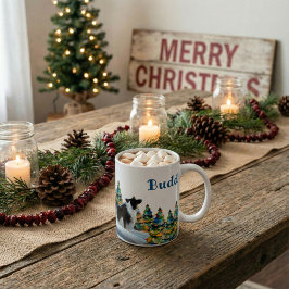 冬の雪の森のクリスマスツリーのボーダーコリー コーヒーマグカップ