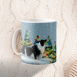 冬の雪の森のクリスマスツリーのボーダーコリー コーヒーマグカップ