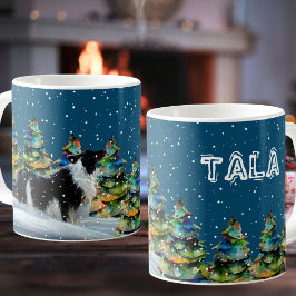 冬の雪の森のクリスマスツリーのボーダーコリー コーヒーマグカップ