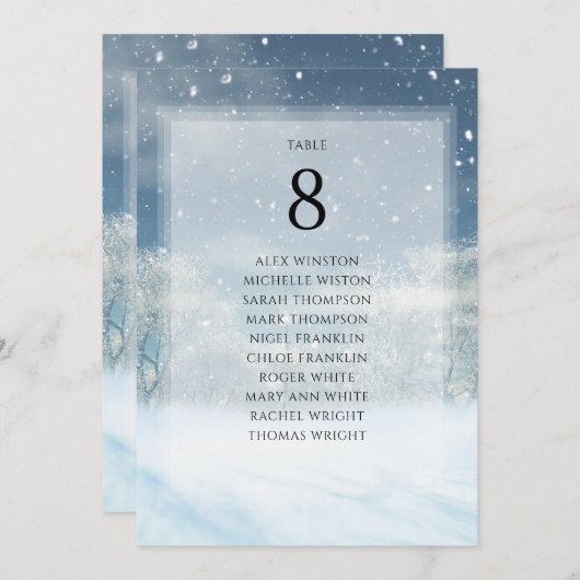 冬の雪の森のテーブル番号座席表 招待状 (正面/裏面)