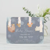 冬の雪の森の動物の青い赤ちゃんシャワー 招待状 (スタンド正面)