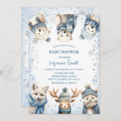 冬の雪の森の動物ベビーシャワー 招待状 (正面/裏面)