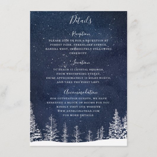 冬の雪の森の星空の夜結婚海軍 エンクロージャーカード (正面)
