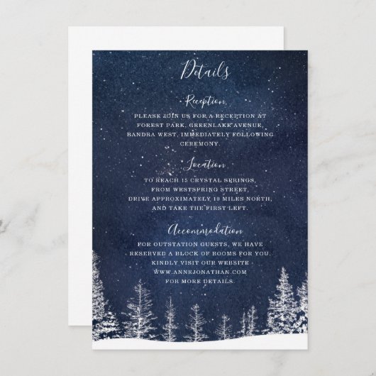 冬の雪の森の星空の夜結婚海軍 エンクロージャーカード (正面/裏面)