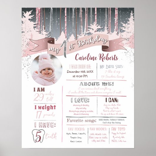 冬の雪の森の最初の誕生日統計の写真 ポスター (正面)