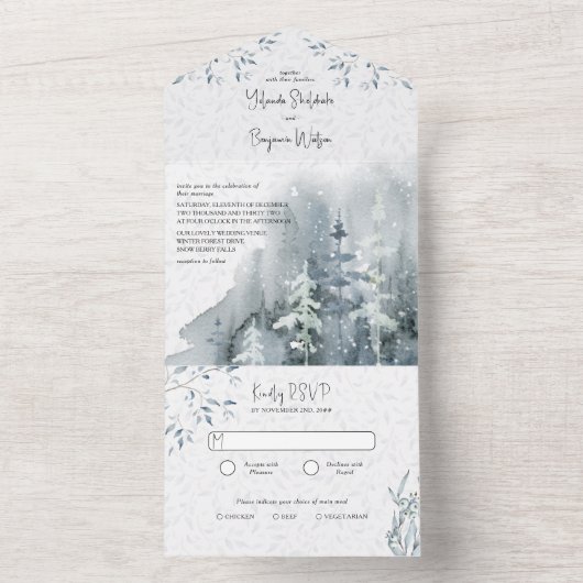 冬の雪の森の水の色結婚とRSVP オールインワン招待状 (内側)