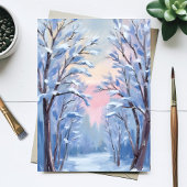 冬の雪の森の水彩画のウッズペインティングカード