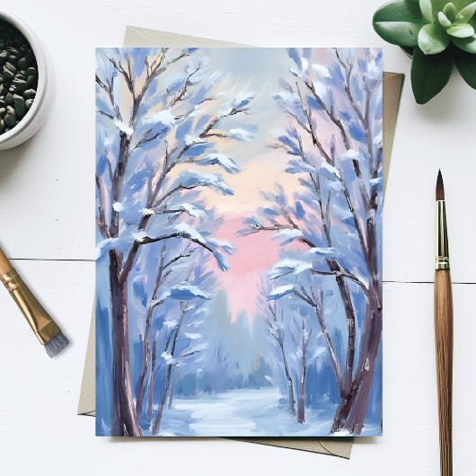 冬の雪の森の水彩画の木々 ポストカード