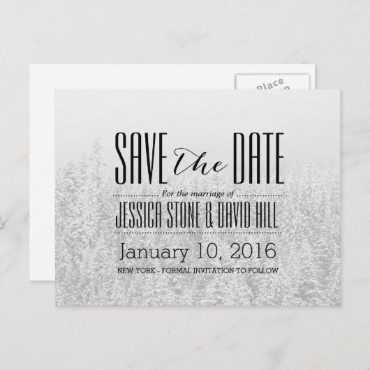 冬の雪の森エレガントな結婚式の日付を保存 案内ポストカード (正面/裏面)