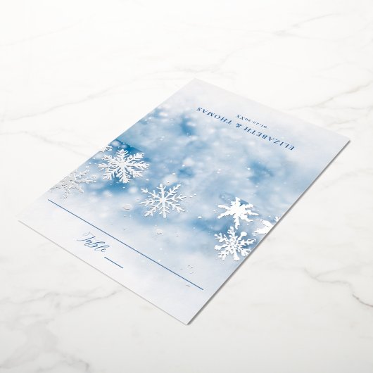 冬の雪の森フォイル結婚のテーブル座席表 箔招待状 (回転した状態)