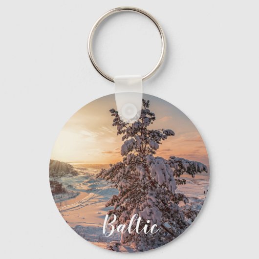 冬の雪の海の海岸の夕日 キーホルダー (正面)